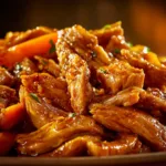 A close-up macro shot of succulent crockpot honey garlic chicken, showing the tender texture and sticky glaze.