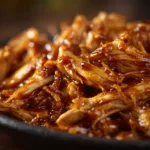 A close-up macro shot of juicy crockpot honey garlic chicken, showing the tender texture of the meat and the glossy glaze of the sauce.