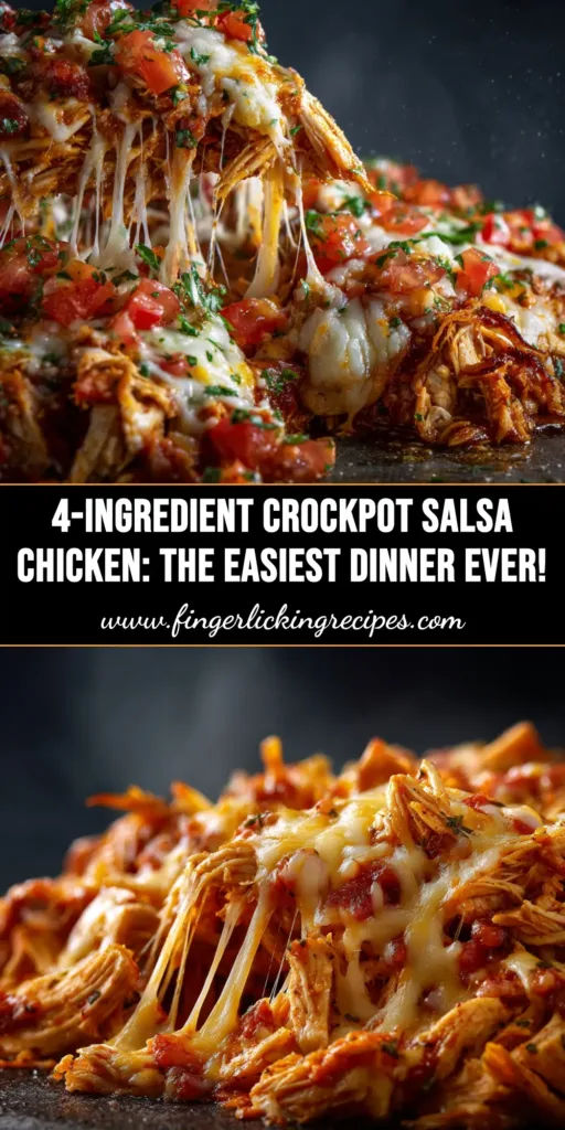 Crockpot Salsa Chicken (The Easiest 3-Ingredient Recipe!) 4 A beautiful pin image showing Crockpot Salsa Chicken being served in tacos, with text overlay for Pinterest.