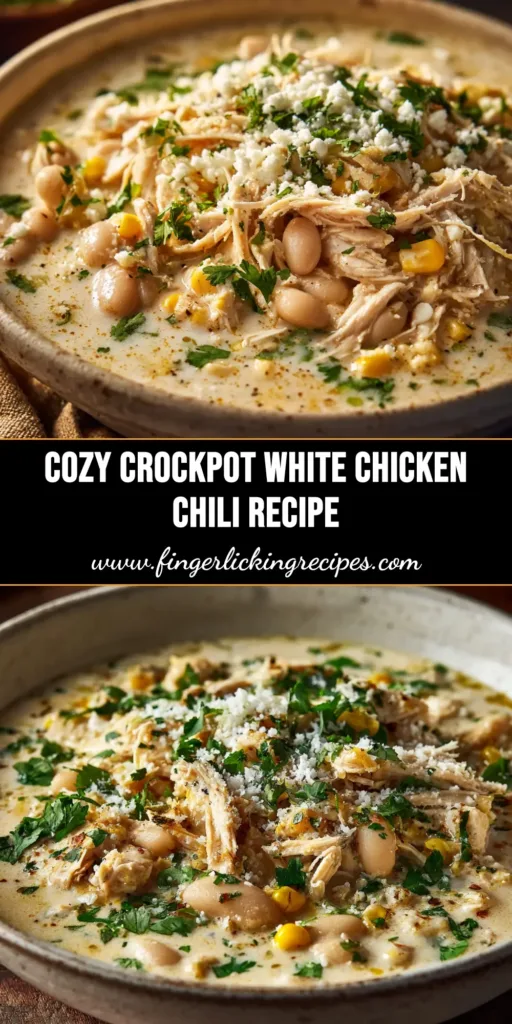 A vibrant overhead shot of creamy Crockpot White Chicken Chili in a white bowl, topped with fresh cilantro, avocado, and jalapeños. The perfect easy and delicious dinner recipe.