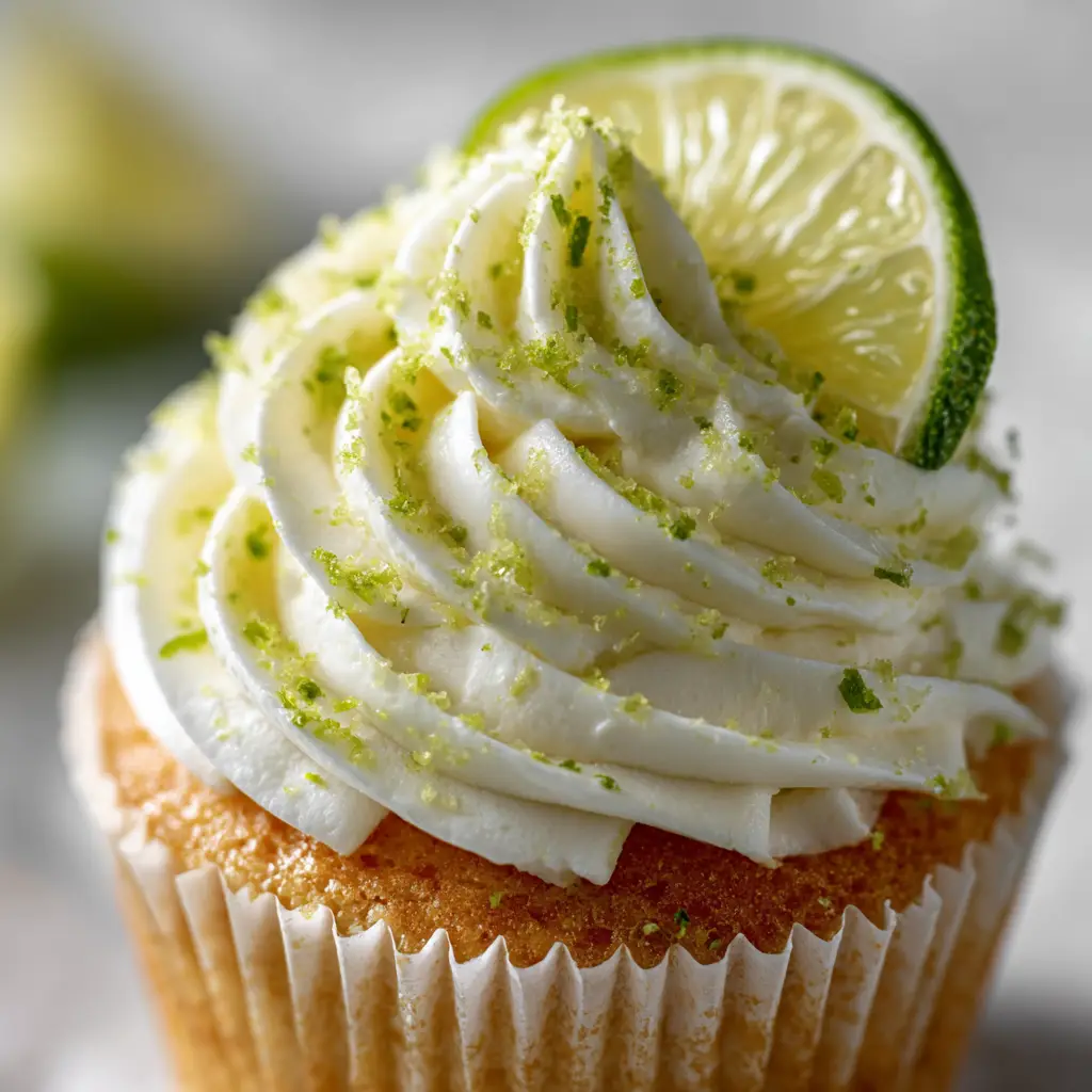 A key lime cupcake being frosted with silky cream cheese frosting piped from a piping bag. The image showcases the process of making homemade key lime cupcakes.