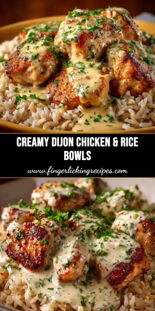 A beautiful overhead shot of finished Dijon Chicken and Rice Bowls, showcasing the creamy chicken, fluffy rice, and vibrant broccoli in a white bowl, ready to be eaten.