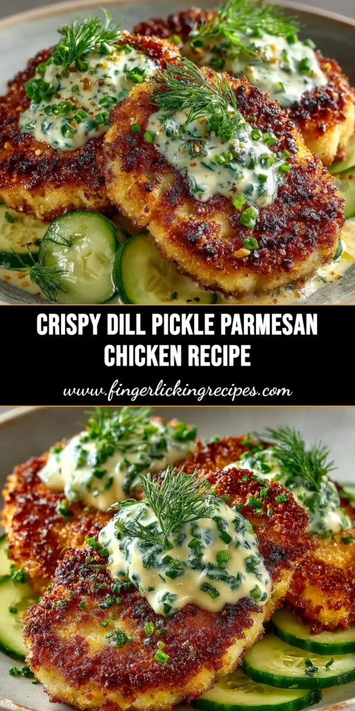 A close-up shot of crispy, golden-brown Dill Pickle Parmesan Chicken on a plate, garnished with fresh dill. This easy baked chicken recipe is perfect for a weeknight dinner.