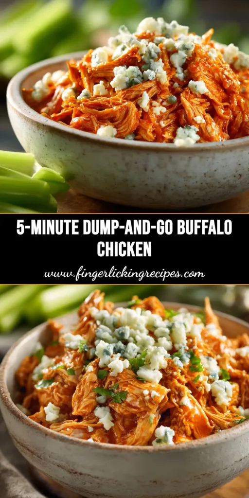 A large bowl of delicious Dump-and-Go Buffalo Chicken, perfectly shredded and coated in a vibrant orange sauce. The bowl is garnished with fresh parsley, ready to be served.