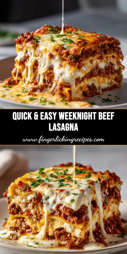 A delicious and easy beef lasagna recipe baked in a white casserole dish, with a slice taken out to show the layers of cheese, meat, and pasta. The perfect comfort food dinner.