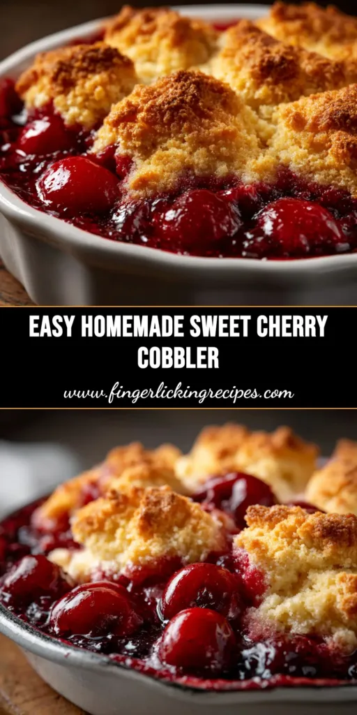 A delicious and easy cherry cobbler recipe shown in a baking dish with a scoop taken out, revealing the bubbly cherry filling under a golden-brown biscuit topping.