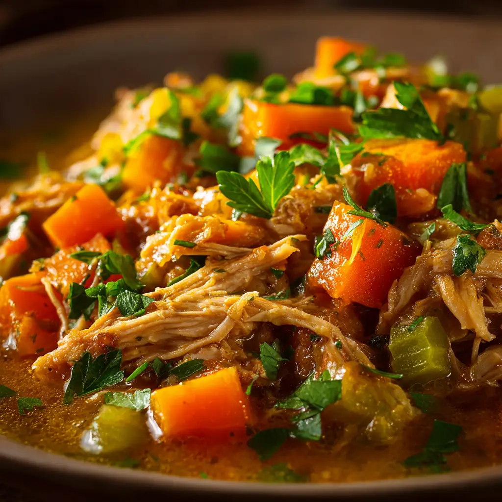 A scoop of easy chicken and vegetable stew on a spoon, lifted from a bowl, showcasing the stew's hearty consistency.