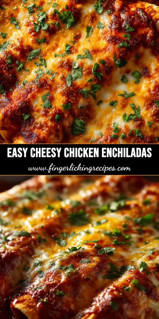 A pan of easy chicken enchiladas fresh from the oven, with bubbly melted cheese and rich red sauce. This image showcases the final result of the easy chicken enchilada recipe.