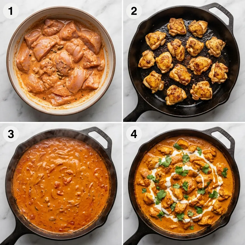 Easy Chicken Tikka Masala (Restaurant-Style at Home!) 3 A 4-panel image showing the steps to make chicken tikka masala: marinating chicken, cooking chicken, making the sauce, and combining.