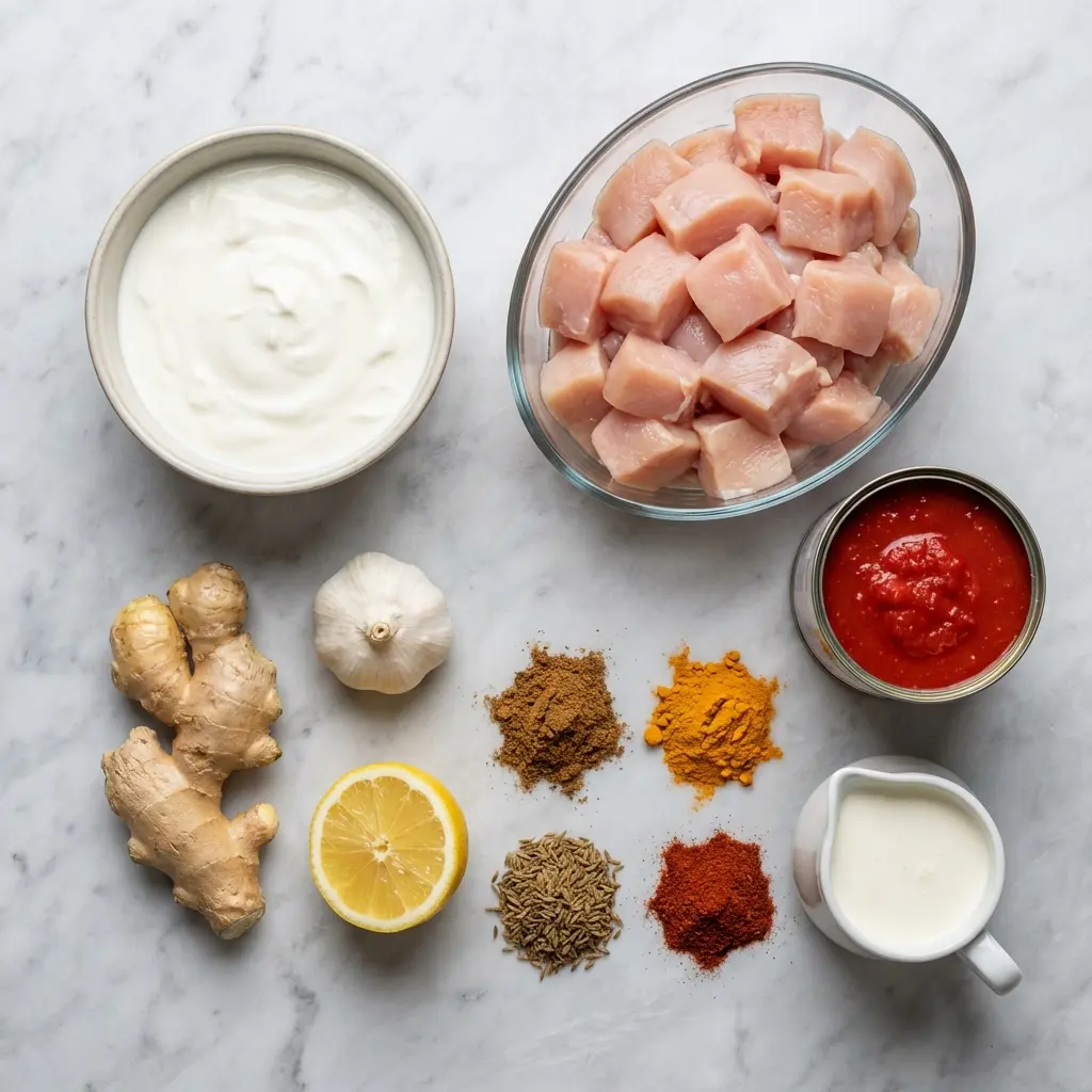 Easy Chicken Tikka Masala (Restaurant-Style at Home!) 2 Overhead view of the ingredients for easy chicken tikka masala, including chicken, yogurt, spices, and tomatoes.