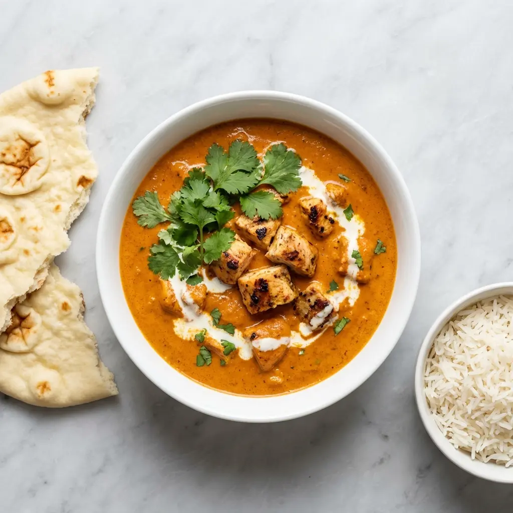Easy Chicken Tikka Masala (Restaurant-Style at Home!) 4 An overhead flat lay of the finished easy chicken tikka masala in a bowl with a side of naan bread.
