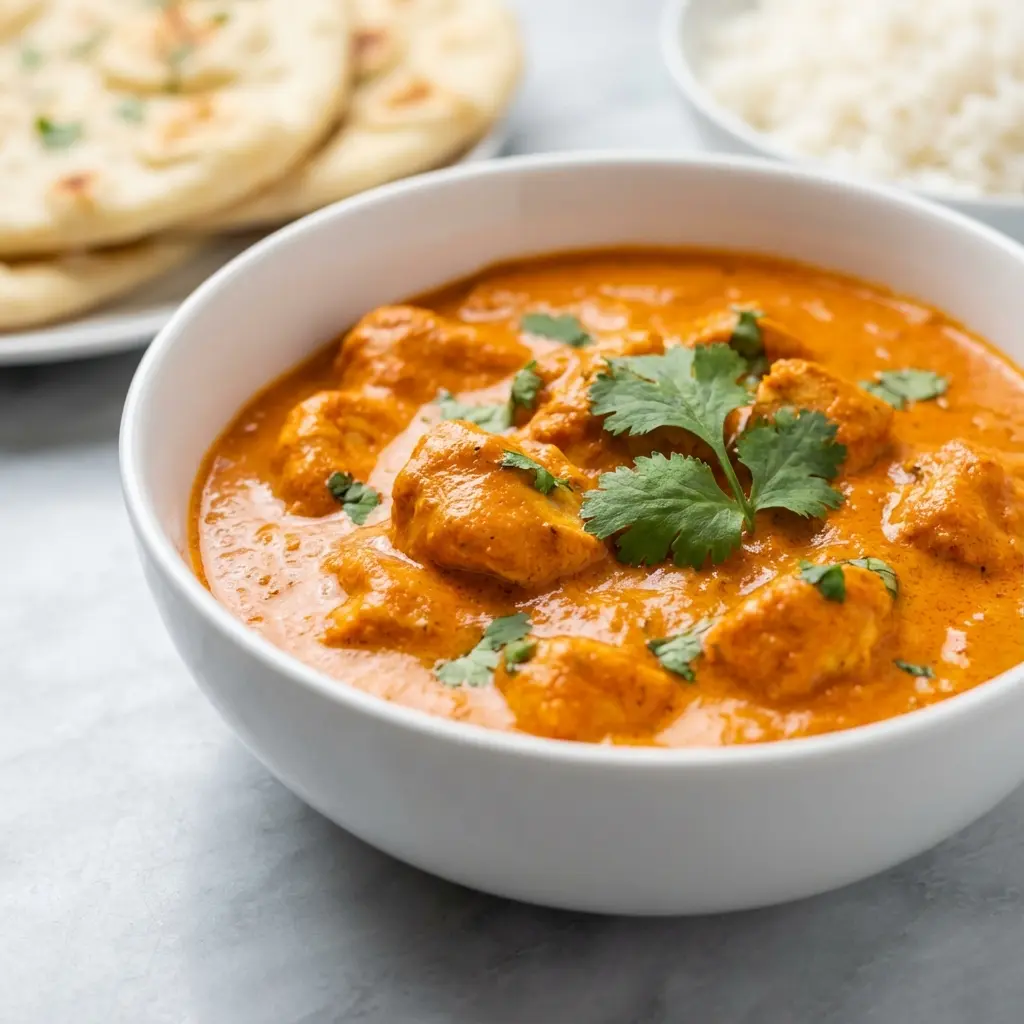 Easy Chicken Tikka Masala (Restaurant-Style at Home!) 5 A close-up shot of easy chicken tikka masala in a white bowl, garnished with cilantro.