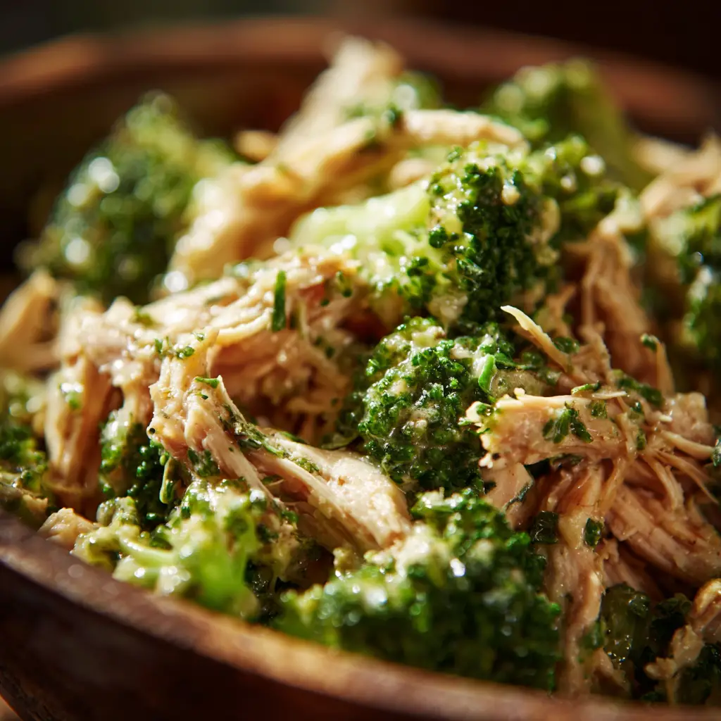 A spoonful of crockpot chicken and broccoli being lifted from a serving dish, showing the tender shredded chicken and crisp broccoli florets.