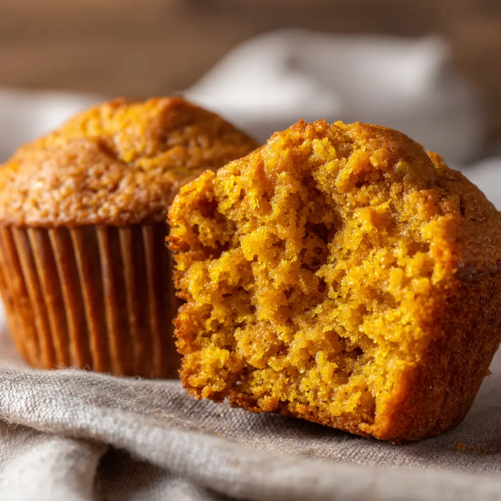 Another beautiful close-up of a healthy pumpkin muffin, showing the details of its spiced, tender crumb. This showcases an easy homemade pumpkin muffin.