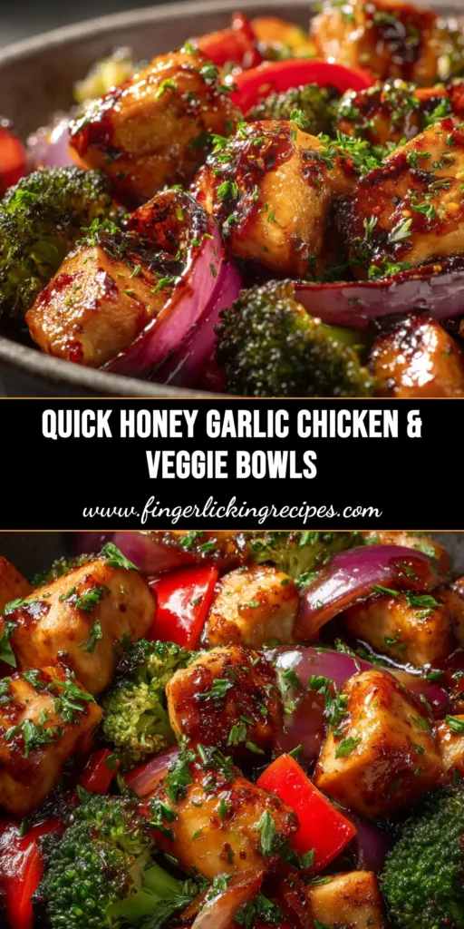 A top-down view of a skillet filled with sticky Honey Garlic Chicken, garnished with sesame seeds and fresh parsley.