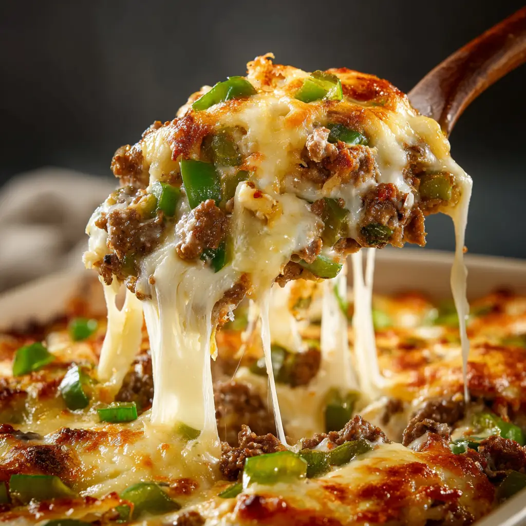 Another perspective on a scoop of the easy low carb Philly cheesesteak casserole, highlighting the creamy sauce and beef.