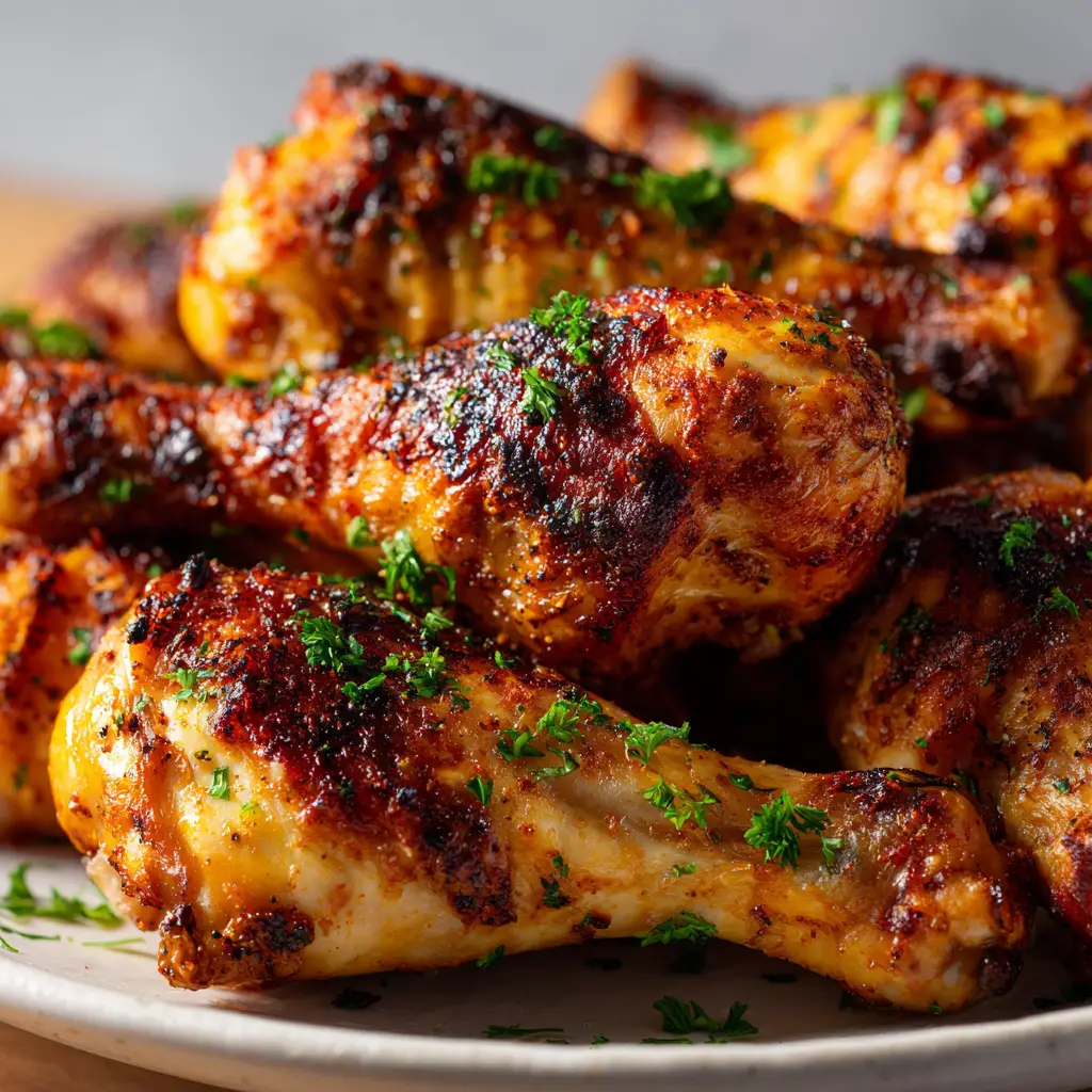 A platter of crispy oven-baked chicken legs ready to be served for dinner.