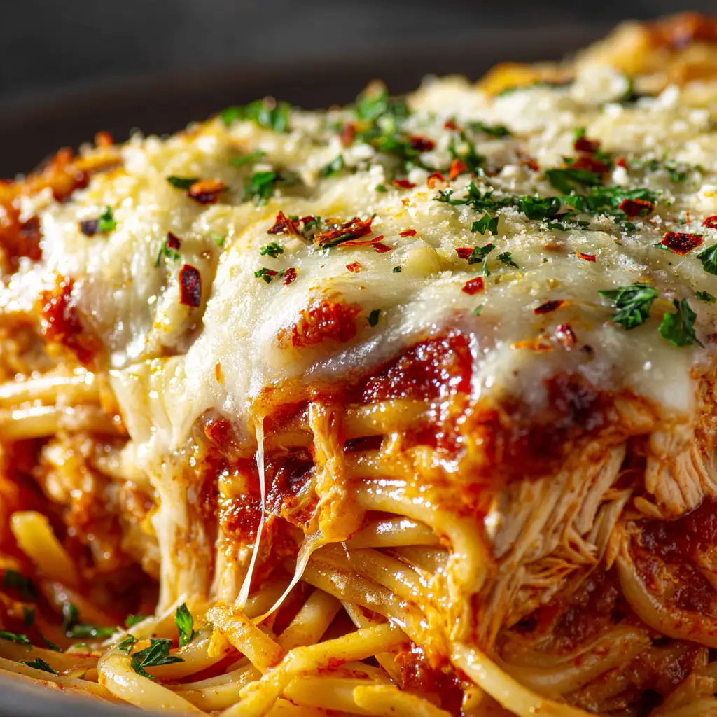 A serving of easy slow cooker chicken parmesan being lifted with a fork, revealing the tender chicken breast underneath the cheese.