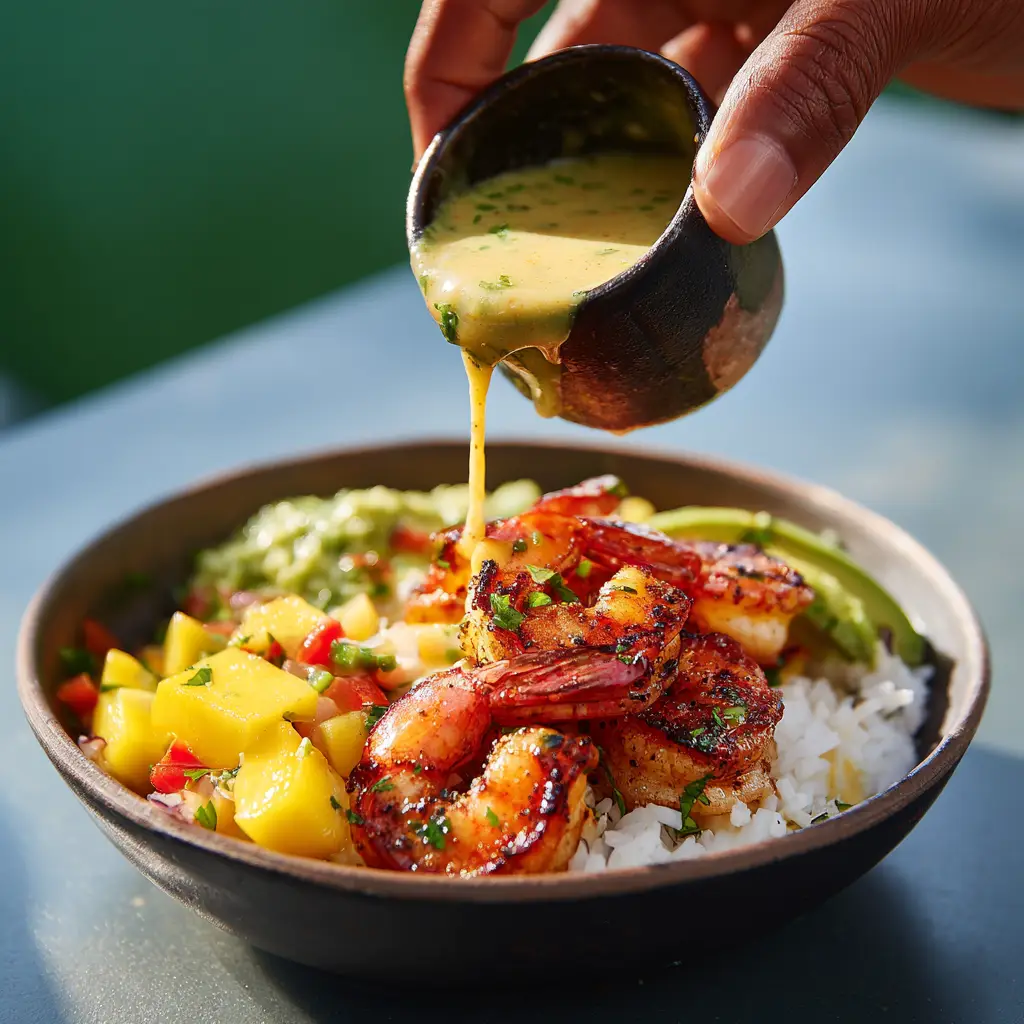Shrimp and Avocado Bowl (Quick & Healthy Recipe) 2 The fully assembled cilantro lime shrimp bowl, showing all the fresh ingredients like avocado, corn, and red onion perfectly arranged.