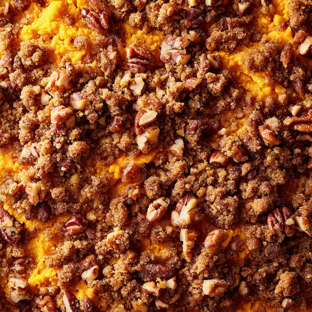 A close-up spoonful of fluffy sweet potato soufflé, showing the light and airy texture of the base underneath the pecan topping.