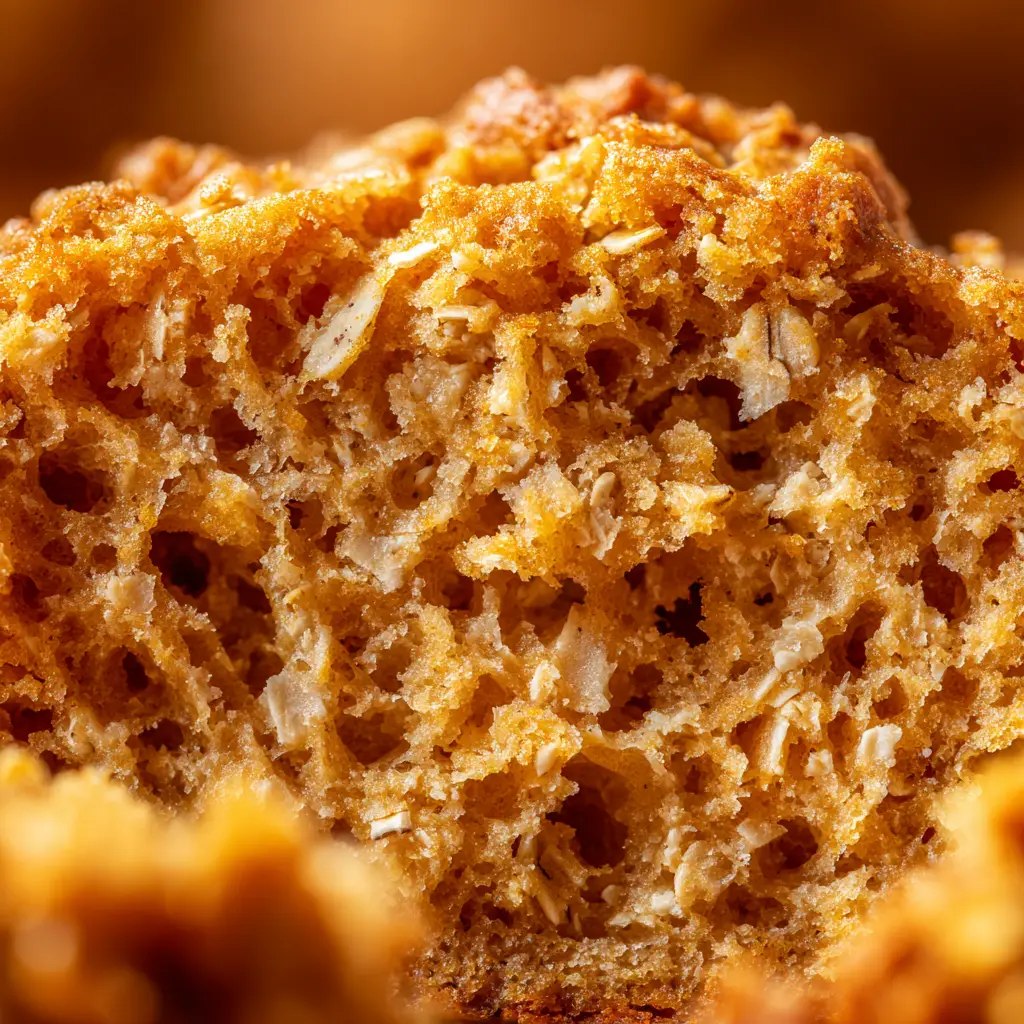 A detailed close-up of a freshly baked pumpkin oat muffin, highlighting the golden-brown top and the wholesome texture of the oats.