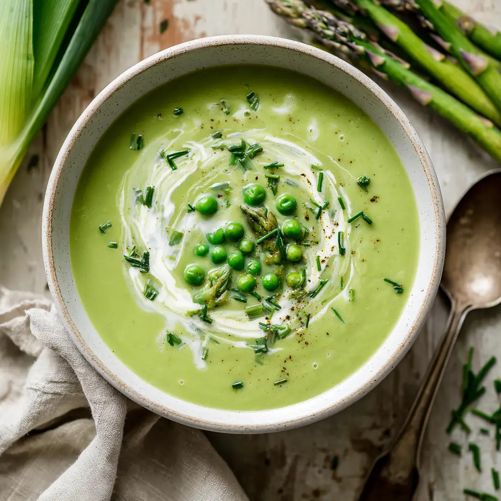 A close-up shot of a spoonful of fresh vegetable soup, garnished with herbs and ready to eat.