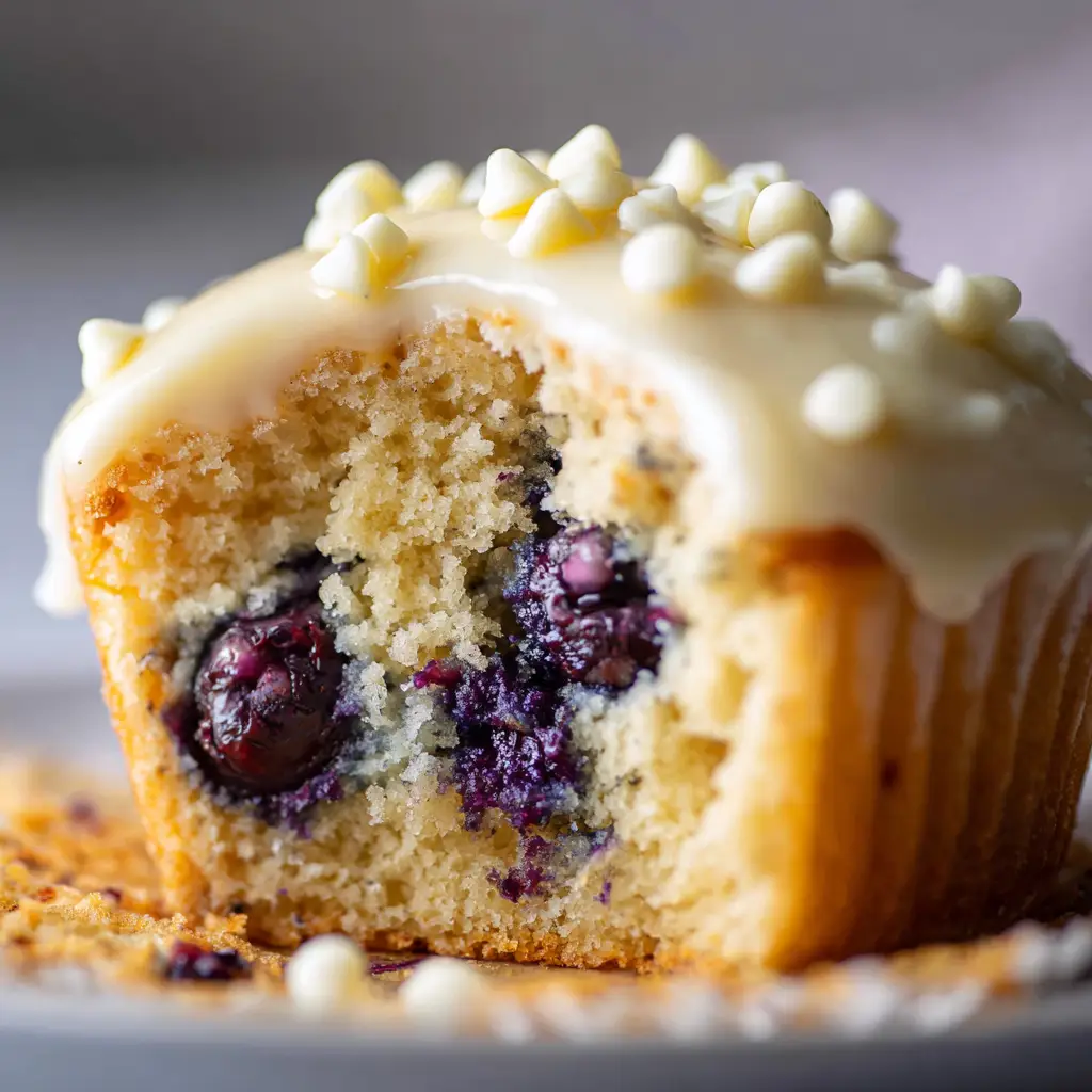 A batch of freshly baked white chocolate blueberry cupcakes cooling on a wire rack before being frosted.