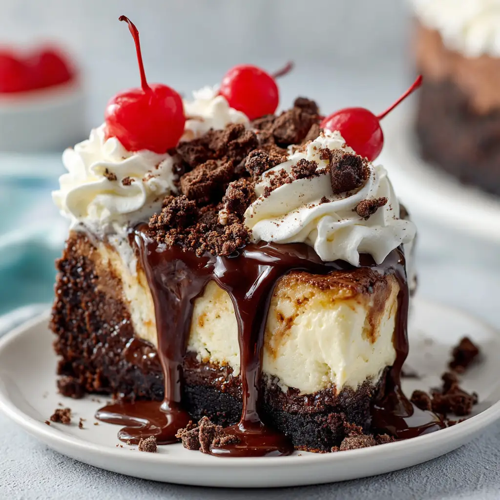 Hot Fudge Sundae Brownie Cheesecake: The Ultimate Decadent Dessert 2 The full Hot Fudge Sundae Brownie Cheesecake on a cake stand, drizzled with glossy hot fudge sauce and ready to be served.