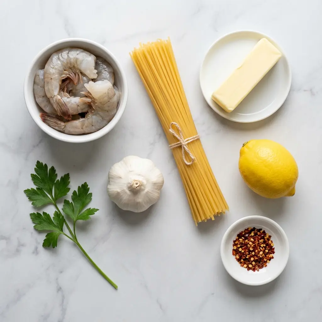 Garlic Butter Shrimp Linguine (Ready in 20 Minutes!) 2 Ingredients for garlic butter shrimp linguine laid out on a marble surface.