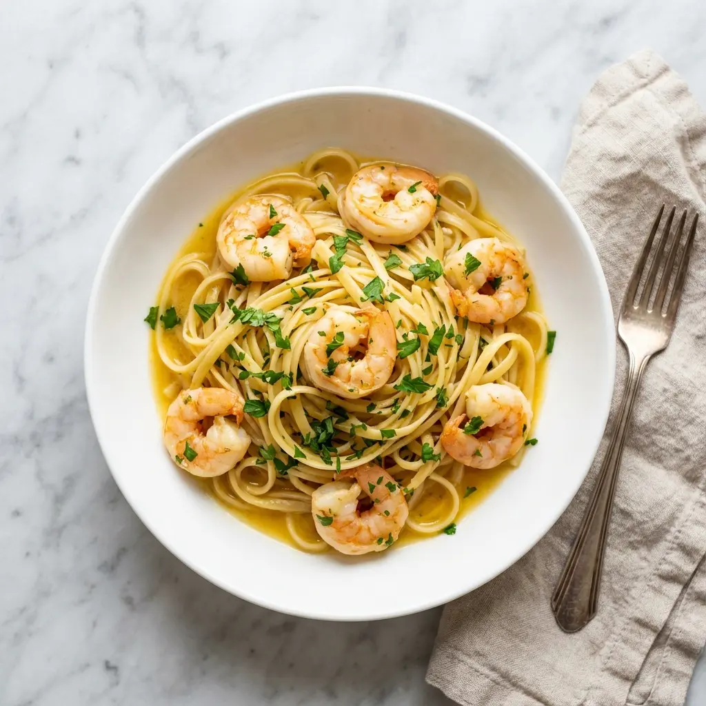 Garlic Butter Shrimp Linguine (Ready in 20 Minutes!) 4 An overhead shot of a bowl of garlic butter shrimp linguine.