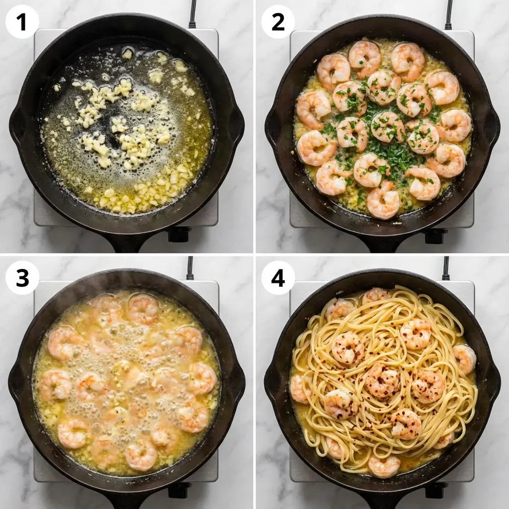 Garlic Butter Shrimp Linguine (Ready in 20 Minutes!) 3 A four-panel image showing the steps to make garlic butter shrimp linguine.