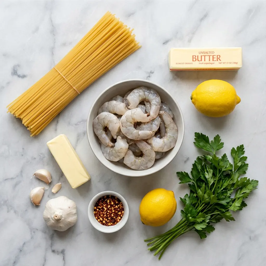Ingredients for garlic butter shrimp pasta laid out on a marble surface, including shrimp, pasta, garlic, and lemon.