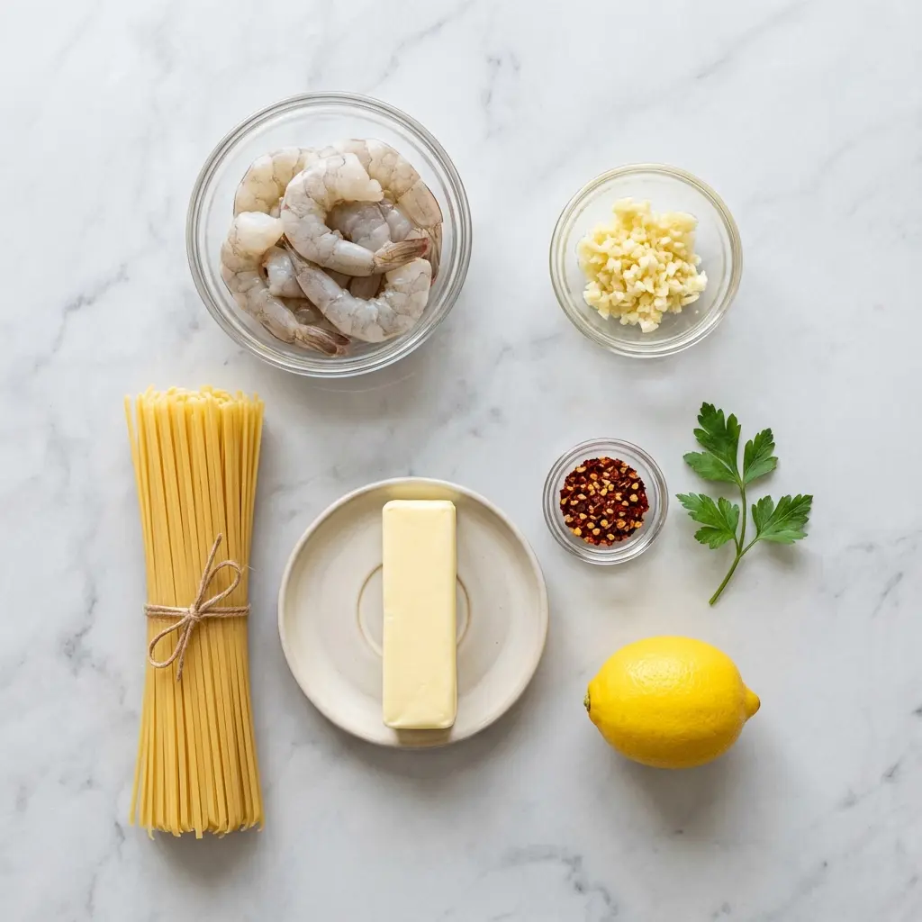 An overhead flat lay of ingredients for garlic butter shrimp pasta: linguine, shrimp, garlic, butter, and parsley.