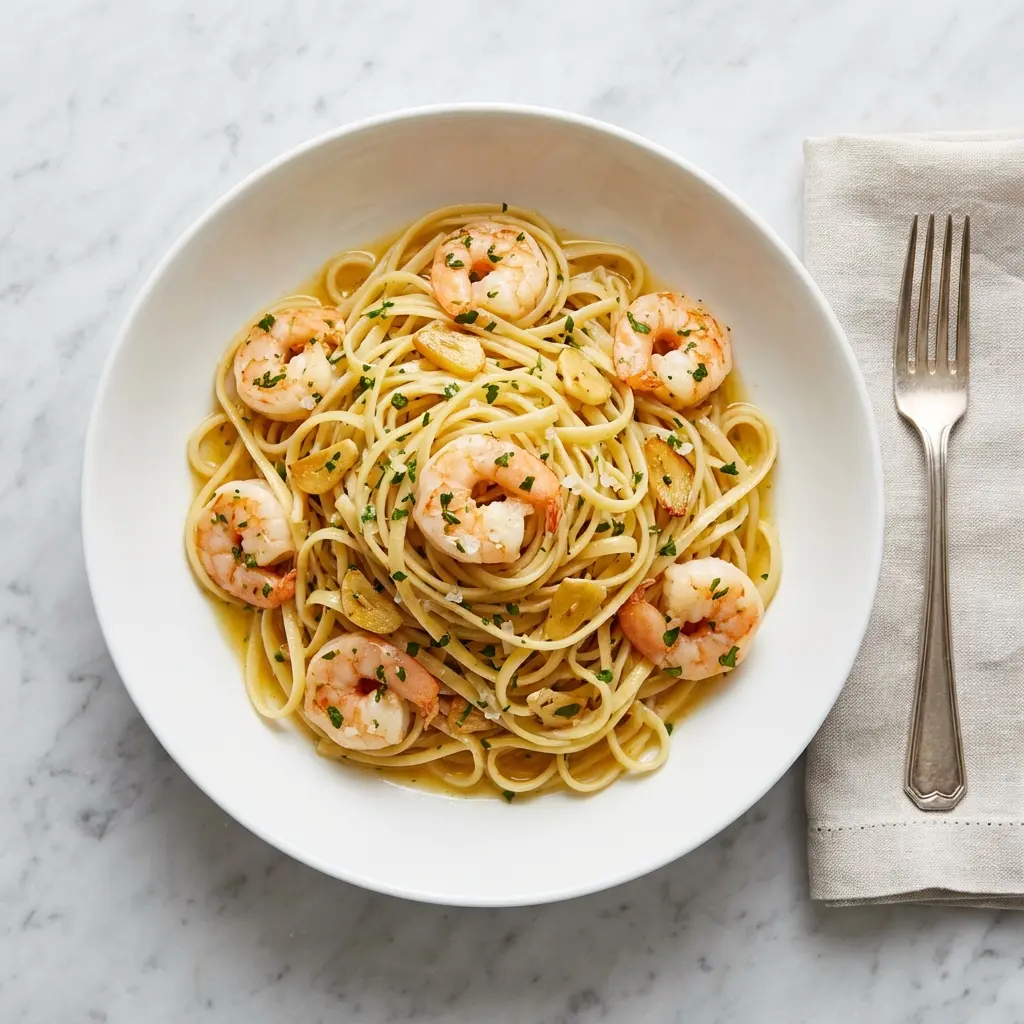 An overhead flat lay photo of a finished bowl of garlic butter shrimp pasta on a marble surface.