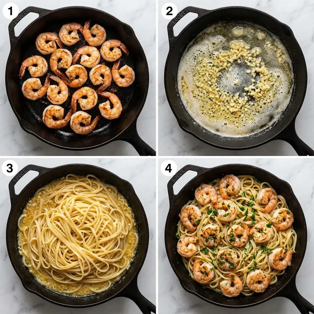 A 4-panel image showing the steps to make garlic butter shrimp pasta: searing shrimp, making the sauce, adding pasta, and the final dish.