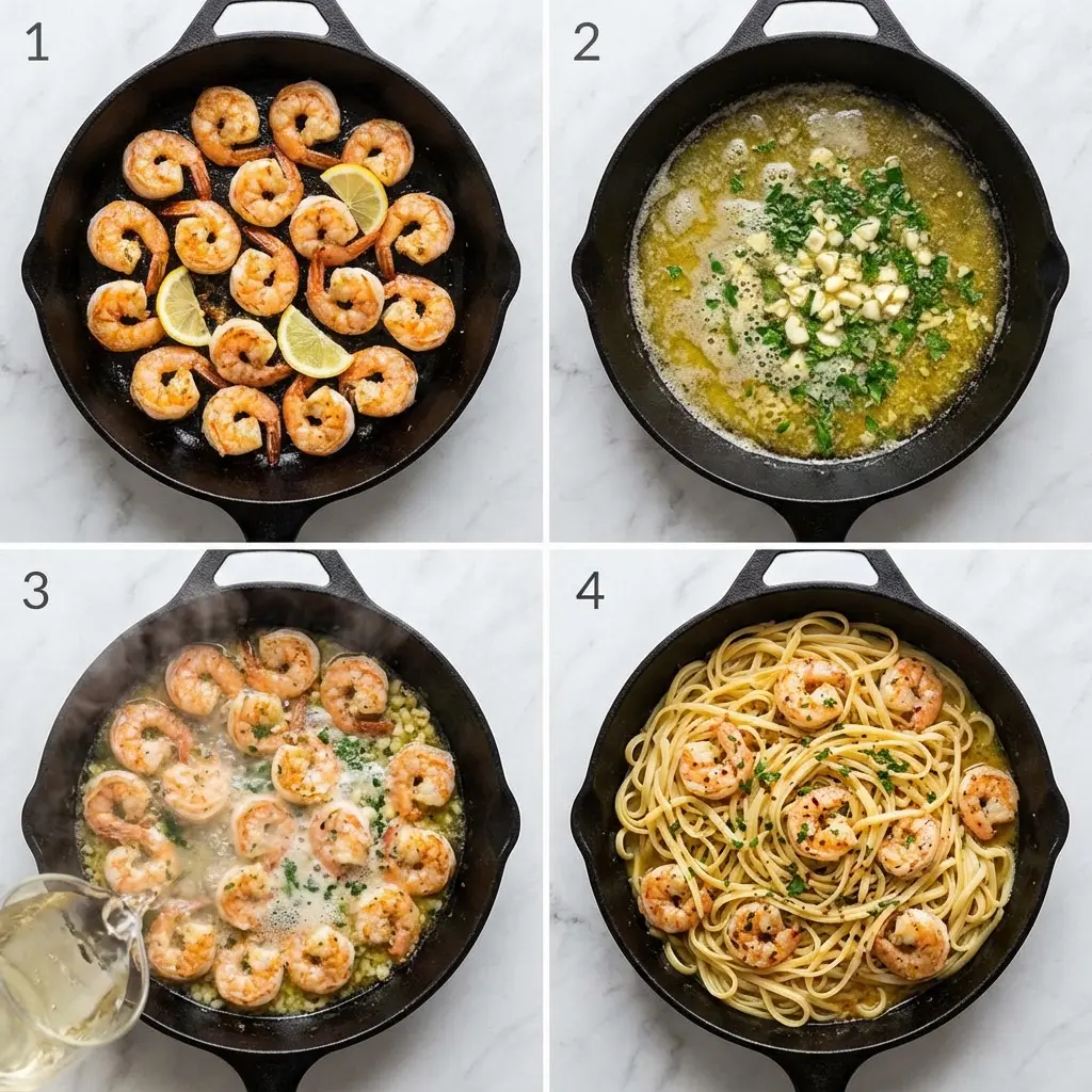 A four-panel image showing the steps of making garlic butter shrimp pasta: searing shrimp, making the garlic sauce, deglazing, and tossing with pasta.