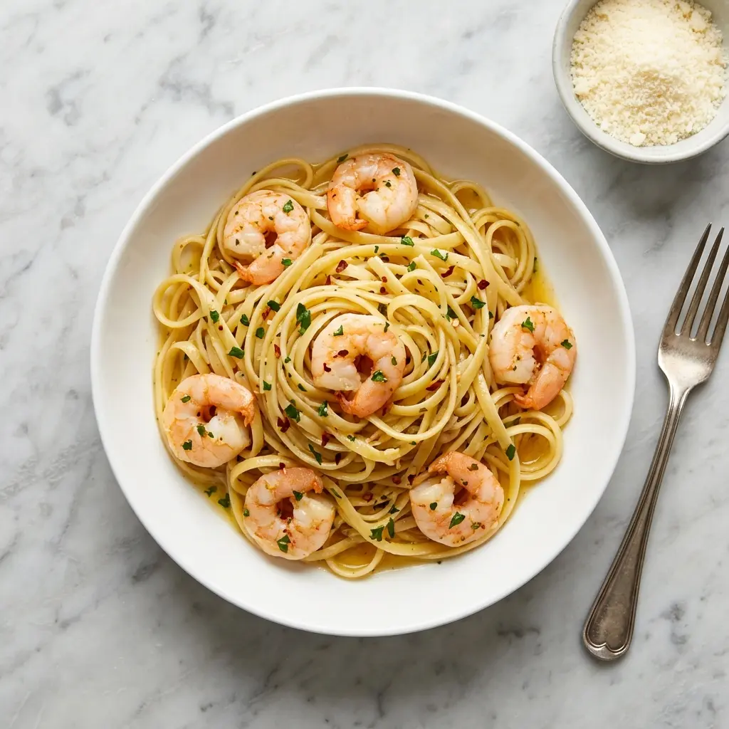 Overhead view of a bowl of garlic butter shrimp pasta without cream on a marble surface.
