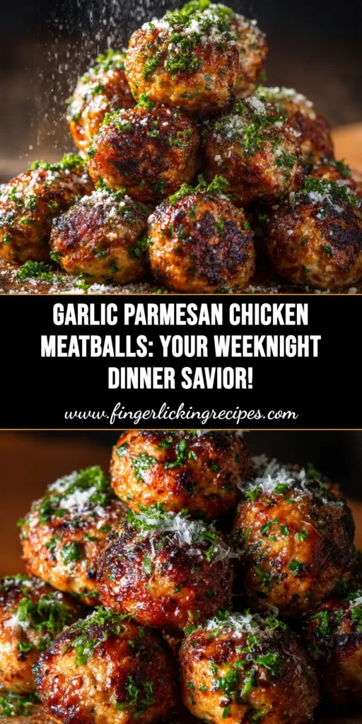A shareable pin image for the best Garlic Parmesan Chicken Meatballs recipe, showing golden-brown meatballs in a bowl ready to be served.