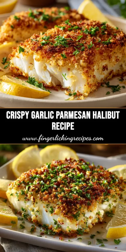 A perfectly cooked Garlic Parmesan Crusted Halibut fillet on a plate, showcasing its golden-brown, crispy Panko and cheese crust. The flaky white fish is visible, ready to be served.