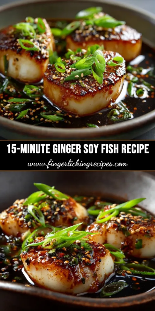 Ginger Soy Fish (Quick, Easy & Flavorful!) 4 A beautiful platter of Ginger Soy Fish, garnished with fresh green onions and sesame seeds. The fish is flaky and coated in a delicious, savory glaze.