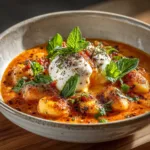 A rustic skillet filled with gnocchi in a vibrant tomato cream sauce, showcasing the simple ingredients used in the recipe.