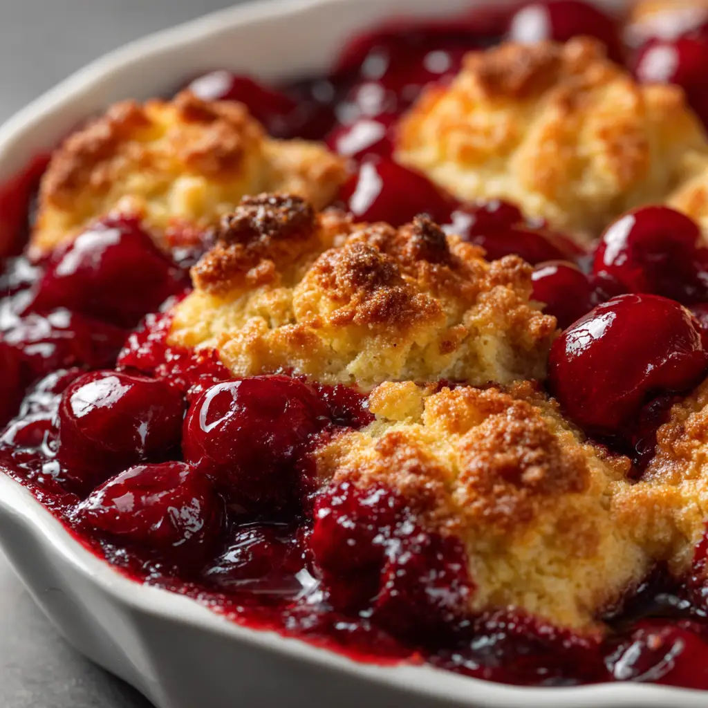 A close-up view of the golden-brown, slightly crunchy biscuit topping on a freshly baked homemade cherry cobbler.