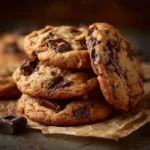 A close-up shot of warm, gooey chocolate chunk shortbread cookies fresh from the oven, showcasing melted chocolate.