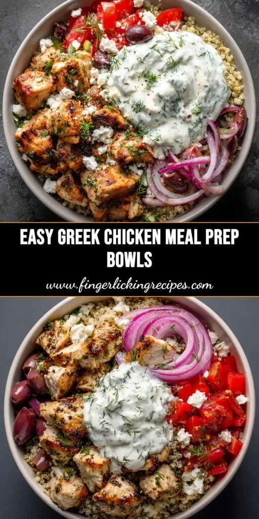 A vibrant and healthy Greek chicken bowl perfect for meal prep, featuring grilled chicken, quinoa, fresh vegetables like tomatoes and cucumbers, and a creamy tzatziki sauce.