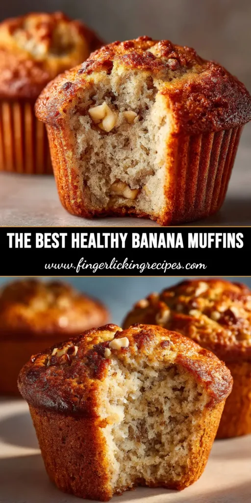 A stack of moist Greek yogurt banana muffins on a plate, with one muffin split open to show the fluffy texture inside.