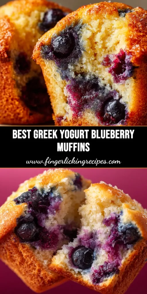 A delicious batch of homemade Greek yogurt blueberry muffins stacked on a plate, ready to be eaten. The muffins are golden brown with juicy blueberries bursting through the top.