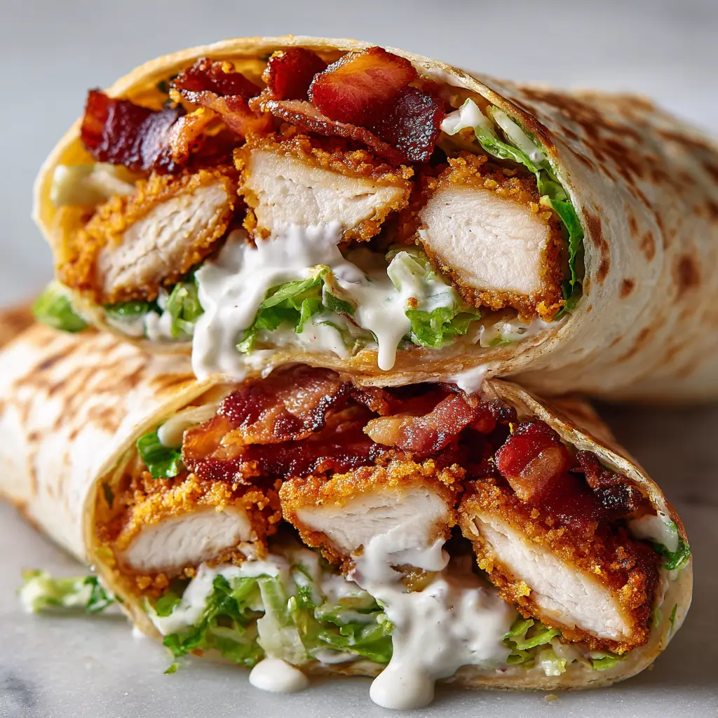 Two halves of a grilled chicken bacon ranch wrap stacked on top of each other, revealing the melted cheese and fillings.