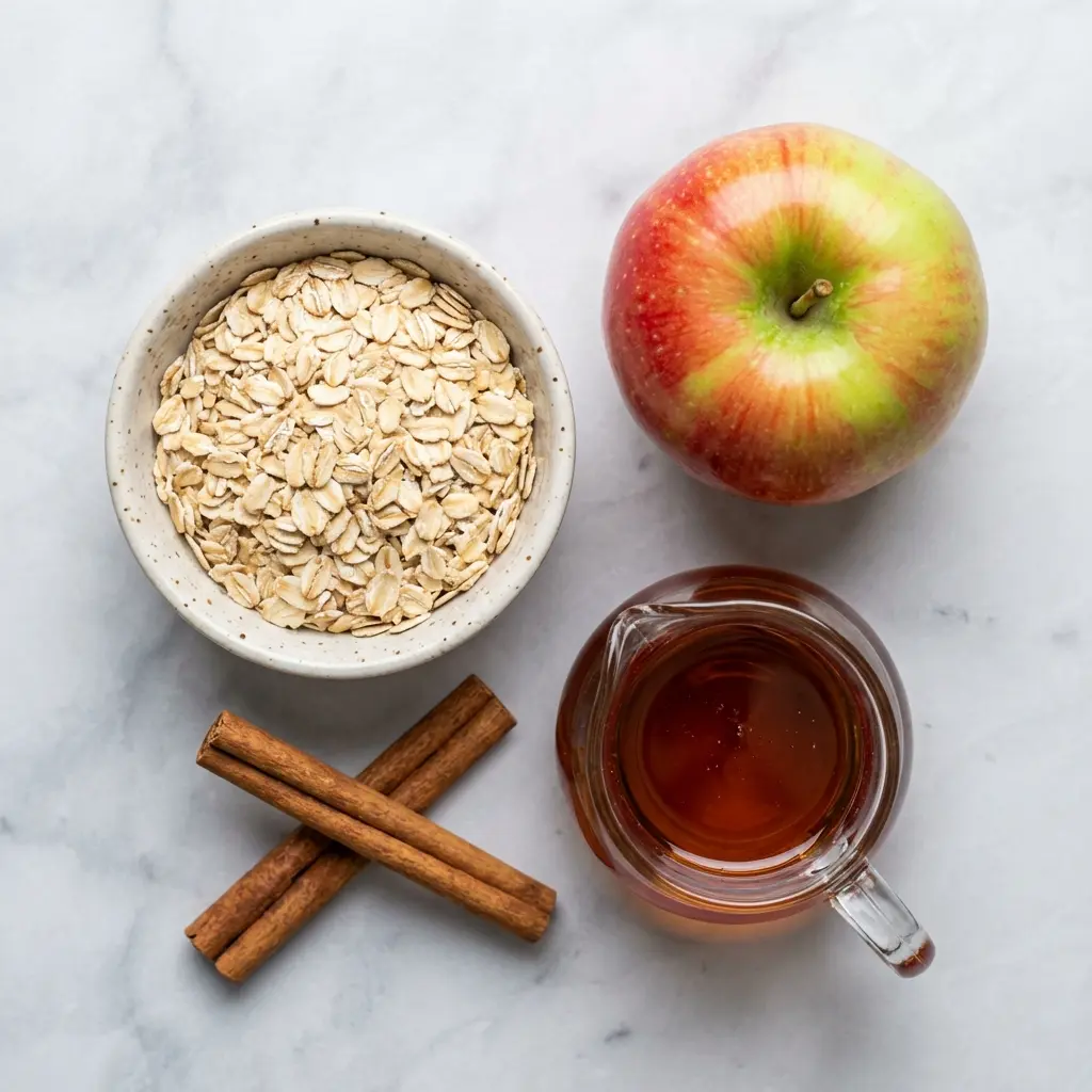 Ingredients for healthy apple cinnamon oatmeal: rolled oats, a fresh apple, cinnamon sticks, and maple syrup.