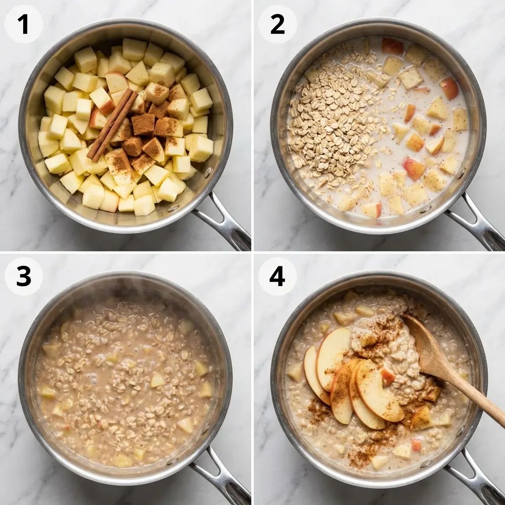 A 4-panel image showing the steps to make healthy apple cinnamon oatmeal, from sautéing apples to the final cooked oatmeal.