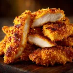 An extreme close-up shot showing the crunchy, textured panko breading on a healthy baked chicken tender.